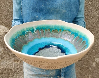 Handmade Pottery Bowl, Large Serving Bowl, Art Ceramic, Blue Wedding Gift, Unique Pottery, Modern Ceramic, Kitchen Decor, Ceramic Fruit Bowl