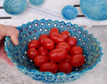 Blue Wedding Gift, Ceramic Berry Bowl, Unique Kitchen Art, Colander Bowls, Serving Dish, Handmade Pottery, Modern Ceramic, Housewarming Gift