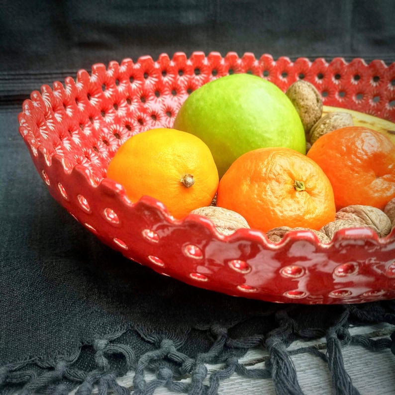 Ceramic Fruit Bowl, Red Bowl, Home Decor, Pottery Serving Bowl, Handmade Ceramic, Unique Valentine Gift, Contemporary Art, Minimalist Design image 1