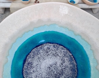 Handmade Ceramic Wall Plate – Winter Crackle Glaze, Sculptural Wall Art Decor