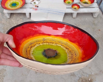 Frutero de cerámica roja – Arte de cerámica artesanal, cuenco mediano para servir, colección Sun