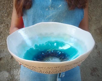 Large Pottery Bowl, Unique Wedding Gift, Ceramic Art, Table Decor, Ceramic Serving Bowl, Modern Kitchen, Home Decor, Blue Ceramic Fruit Bowl