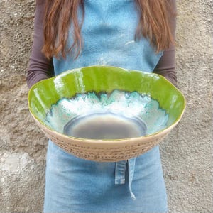 Large Green Ceramic Bowl Coastal Decor, Tropical Glaze Serving Centerpiece, Statement Pottery