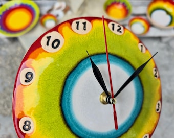 Colorful Ceramic Wall Clock – Handmade HotsPots Art Pottery, Small Size
