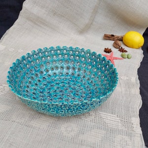 Turquoise Ceramic Bowl, Wedding Gift, Handmade Ceramic, Pottery Art, Fruit Bowl, Blue Serving Bowl, Gift For Her, Home Decor, Unique Ceramic image 3