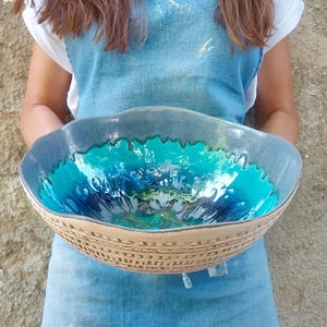 Ceramic Fruit Bowl, Blue Pottery Bowl, Modern Art Bowl, Handmade Ceramic, Unique Kitchen Bowl, Large Serving Bowl, Wedding Gift, Home Decor
