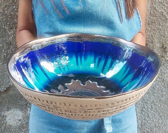 Handmade Pottery Bowl, Large Serving Bowl, Art Ceramic, Blue Wedding Gift, Unique Pottery, Modern Ceramic, Kitchen Decor, Ceramic Fruit Bowl