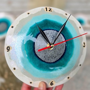 Handmade Ceramic Small Wall Clock – Winter Blue Pottery Decor
