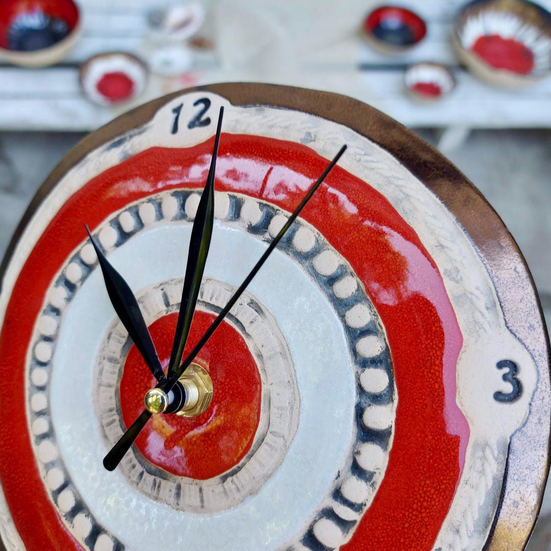 Handmade Red Ceramic Clock, Unique Art, Wedding Gift, Wall Round Clock ...