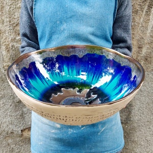 Large Pottery Bowl, Unique Wedding Gift, Ceramic Art, Table Decor, Ceramic Serving Bowl, Modern Kitchen, Home Decor, Blue Ceramic Fruit Bowl