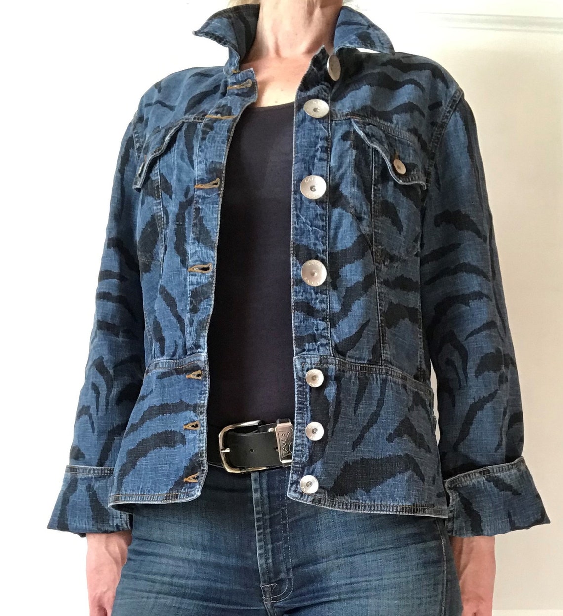 KRIZIA jeans Jacket Blazer Linen Coton Animal print Size 48 | Etsy