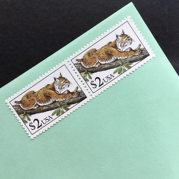 Bobcat Flora and Fauna Series Joined Pair of 2 Dollar Stamps From 1990 - Vintage, Unused USPS Postage From 29 Years Ago – Scott #2482