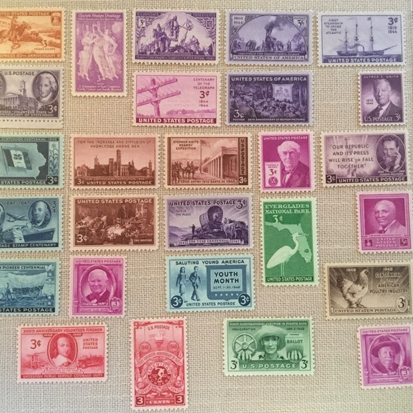 Lot of 27 Vintage US Postage Stamps from the 1940s – UNused, 3 Cent – From Collector’s Album – Asst. Scott 849 – 983 / Over 7 Decades Old