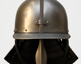 Medieval lobster-tail helmet with leather liner inside with adjustable chin strap.