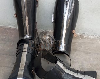 Medieval Steel Greaves with Sabatons – Blackened Leg Armor for Knight, LARP, SCA, Cosplay