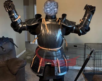 Medieval Maximillian Suit of Armor  15th Century Blackened Steel Fluted Cuirass, Pauldrons & Gauntlets