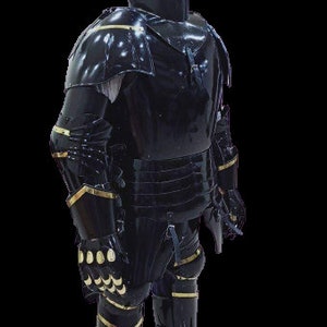 May include: A black knight's armour with gold accents. The armour includes a helmet, breastplate, gauntlets, and leg armour.