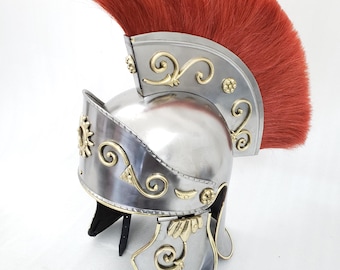 Römischer Zenturio-Helm mit rotem Rosshaarkamm | Kaiserliche gallische Rüstung der Antike | Handgefertigter Stahlhelm für LARP und Cosplay