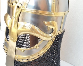 Medieval steel Viking Vendel helmet brass work with chainmail, SCA/ LARP helmet