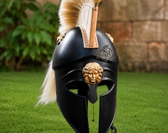 Casco de caballero corintio de acero negro, armadura de cosplay con cresta espartana.