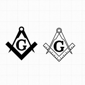 May include: Two black and white illustrations of a compass and square, a symbol of Freemasonry. The letter "G" is in the center of each symbol.