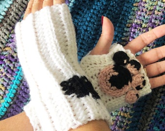 Cow Cat Fingerless Gloves / Arm Warmers with multi color beans