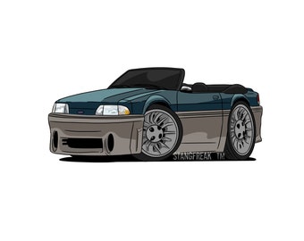 May include: A teal blue and gray cartoon illustration of a Ford Mustang convertible. The car has a black interior and large wheels. The text "STANGFREAK TM" is printed below the car.