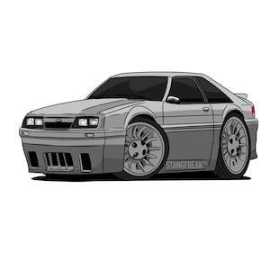 May include: A cartoon illustration of a silver Ford Mustang with black wheels and a black interior. The car has a custom body kit and a "STANGFREAK" logo on the side.