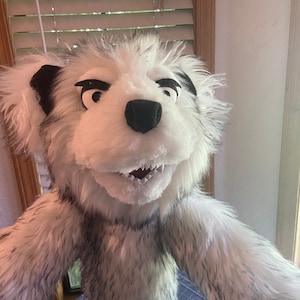 May include: A handmade, plush bear puppet with a white and gray fur design. The puppet has black eyes, a black nose, and a wide, toothy grin. The bear's arms are outstretched, and the puppet is set against a window background.