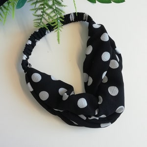 Black polka dot Headband, trendy hairband for women, Wrap turban style, Knot headband, Twist Black and white polka dot, Elastic headband