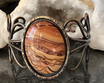 Bronze wire scroll cuff with Jasper