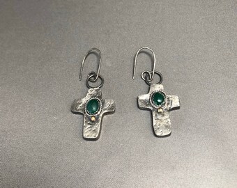 Hand made Sterling silver hollow form earrings with wire embellished bezel set oval Marchasite green stone and Bronze ball. Handmade earwire