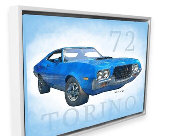 May include: A blue 1972 Ford Torino muscle car with a white background and the text "72 TORINO" in white.