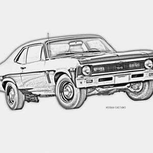 May include: A black and white pencil sketch of a classic Chevrolet Nova SS car. The car has a black body with a white stripe running along the side. The car is facing the viewer and has a black grille with the words "Chevrolet" and "SS" written on it.