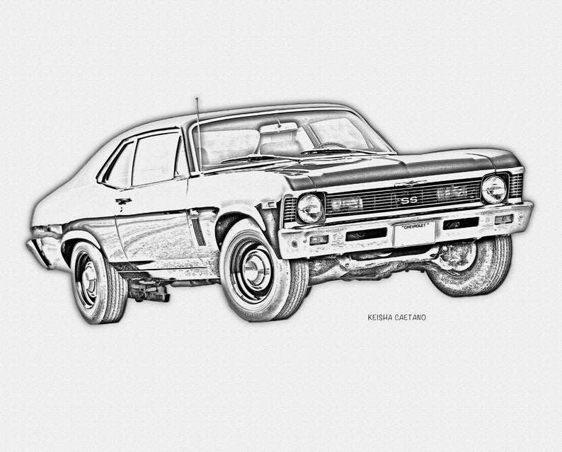 May include: A black and white pencil sketch of a classic Chevrolet Nova SS car. The car has a black body with a white stripe running along the side. The car is facing the viewer and has a black grille with the words "Chevrolet" and "SS" written on it.