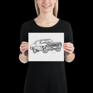 May include: A black and white sketch of a classic Chevrolet Nova car. The car is drawn in a realistic style, with details like the headlights, grille, and wheels.
