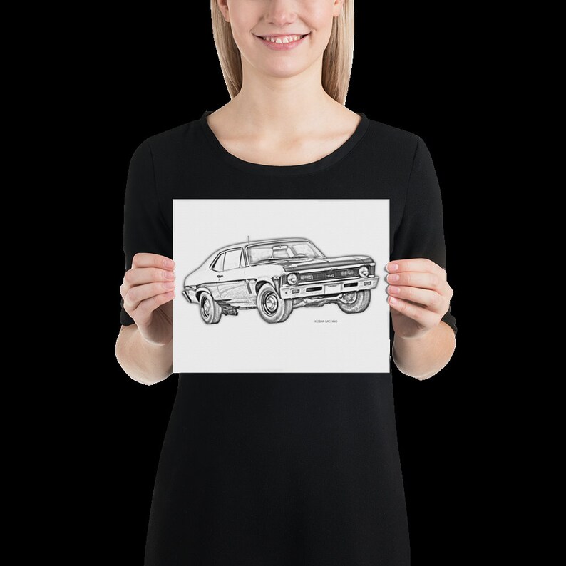 May include: A black and white sketch of a classic Chevrolet Nova car. The car is drawn in a realistic style, with details like the headlights, grille, and wheels.