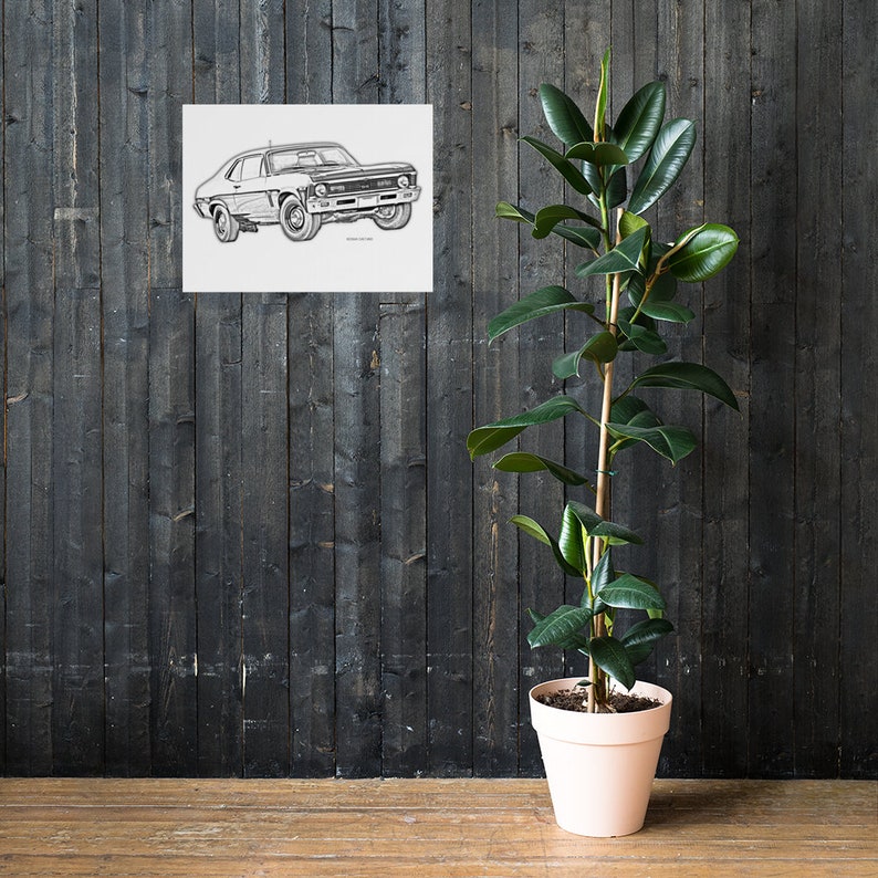May include: Black and white line drawing of a classic 1970s Chevrolet Nova muscle car.