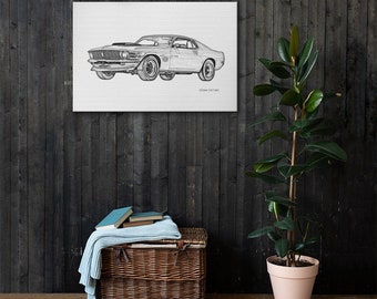 Ford Mustang Drawing, Black and White Wall Art, Antique Automobile Print, Vintage Car Art, Gifts for Car Lovers, Gifts for Car Guys, Men Art