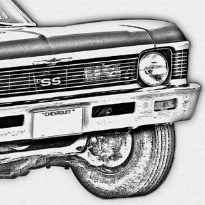 May include: Black and white sketch of a classic Chevrolet car with a black grille and "SS" emblem. The car has a chrome bumper and a license plate that reads "CHEVROLET".