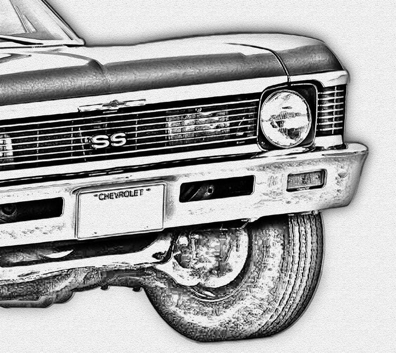 May include: Black and white sketch of a classic Chevrolet car with a black grille and "SS" emblem. The car has a chrome bumper and a license plate that reads "CHEVROLET".