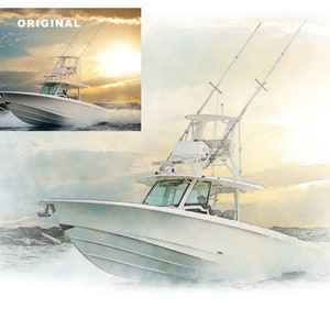 May include: A white motorboat with a tower and fishing rods is speeding across the water. The boat is in motion, creating a wake. The sky is a mix of blue and yellow, suggesting a sunrise or sunset. The word "ORIGINAL" is in the upper left corner.