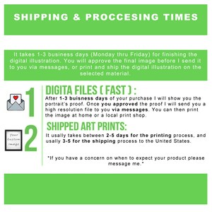 May include: A green and white graphic with the text "SHIPPING & PROCESSING TIMES" at the top. The graphic explains the shipping times for digital files and shipped art prints. The graphic states that digital files are delivered within 1-3 business days and shipped art prints take 2-5 days for printing and 3-5 days for shipping.