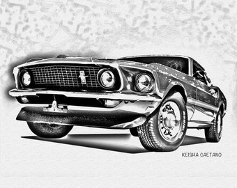Ford Mustang, Muscle Car Drawing, ManCave Wall Decor, Garage Decor, Classic Car Art, Car Art Print, Gifts for Car Lovers, Vintage Car Print