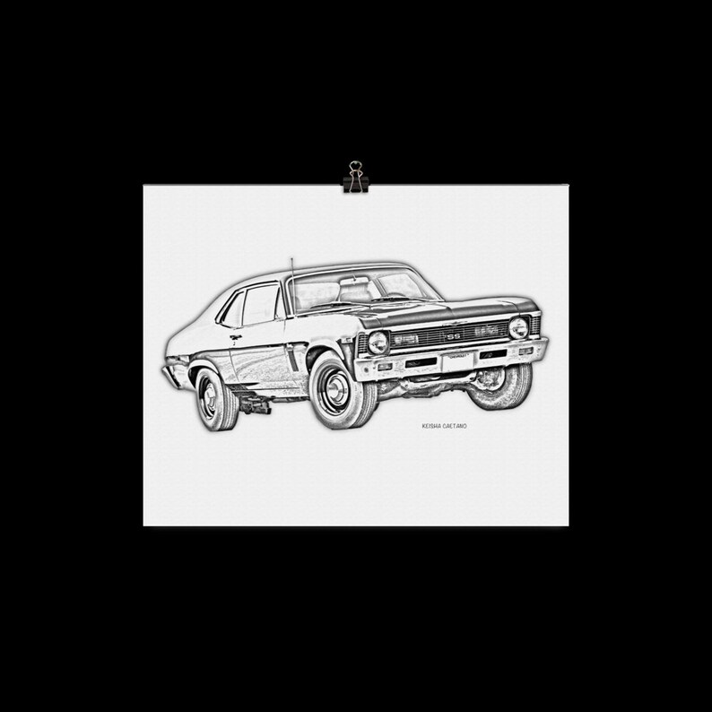 May include: Black and white line art drawing of a classic Chevrolet Nova.