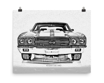 1970 Chevy Chevelle Drawing, Chevy Chevelle, Classic Car Art, Man Cave Decor, Garage Wall Art, Gifts for Car Guys, Vintage Car Prints
