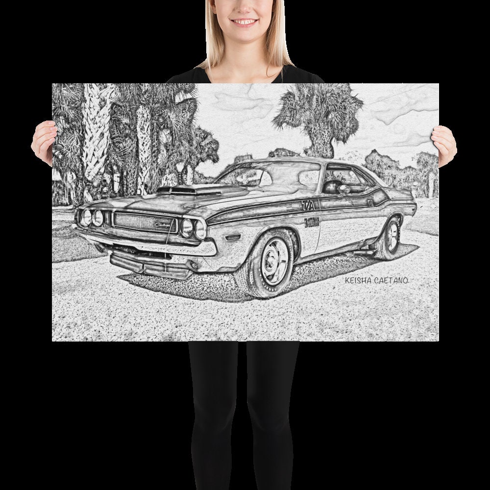 1969 Dodge Challenger Drawing, Chevy Decor, Car Artwork, Dorm