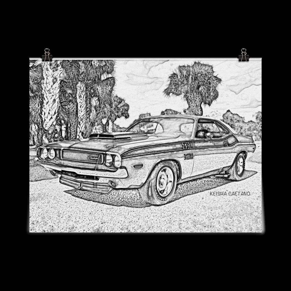 1969 Dodge Challenger Drawing, Chevy Decor, Car Artwork, Dorm
