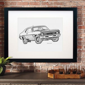 May include: Black and white line drawing of a classic Chevrolet Nova car. The car is facing forward and has a black interior. The drawing is framed in a black frame.