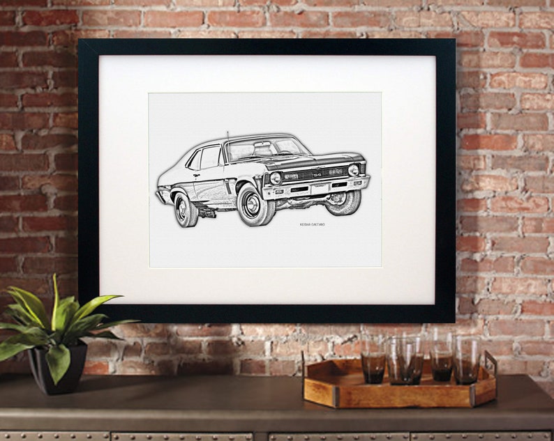 May include: Black and white line drawing of a classic Chevrolet Nova car. The car is facing forward and has a black interior. The drawing is framed in a black frame.